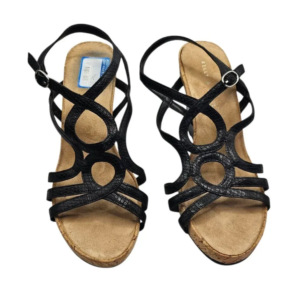 Kelly & Katie Black Plushin Strappy Cork Preppy Comfort Wedge Sandal